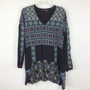 Johnny Was Geometric Embroidered Tunic Top Black Small